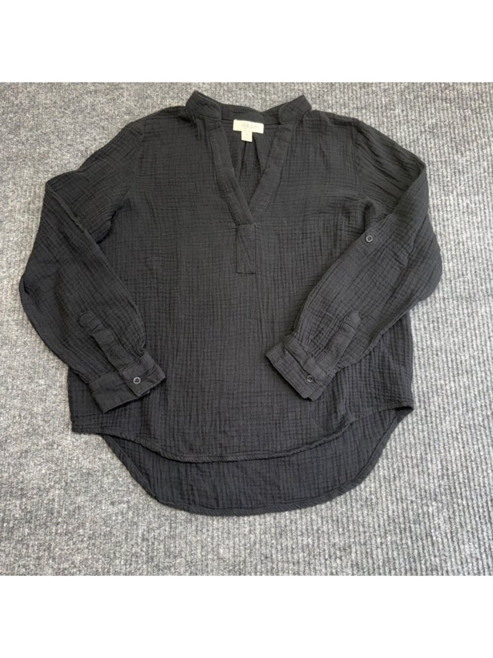 Style & Co Black Gause Tunic Top Deep V Neck Long Sleeve Cotton Petite PP